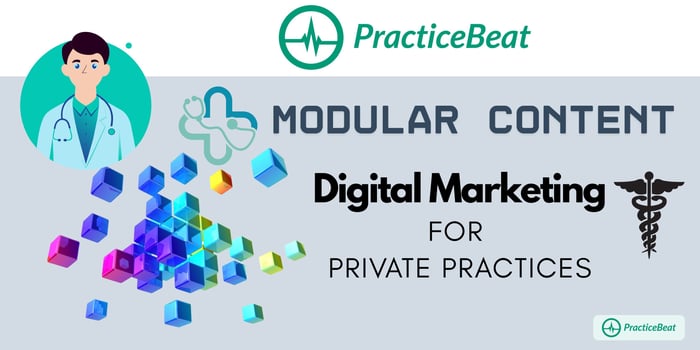 Illustration showing modular content blocks and a doctor icon, representing modular digital marketing strategies for private medical practices by PracticeBeat.