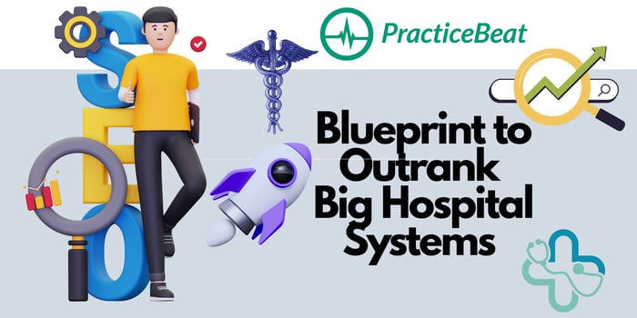 SEO for doctors visual banner with PracticeBeat logo, rocket, and magnifying glass chart — symbolizing strategies to help medical practices outrank big hospital systems online.