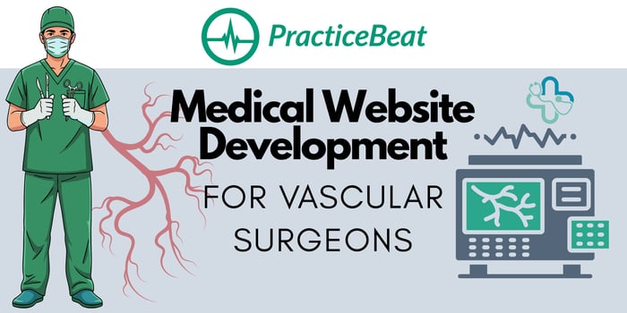 Cartoon illustration of a vascular surgeon standing next to a diagnostic machine and a visual of the vascular system, emphasizing specialized medical website development by PracticeBeat for vascular surgeons.