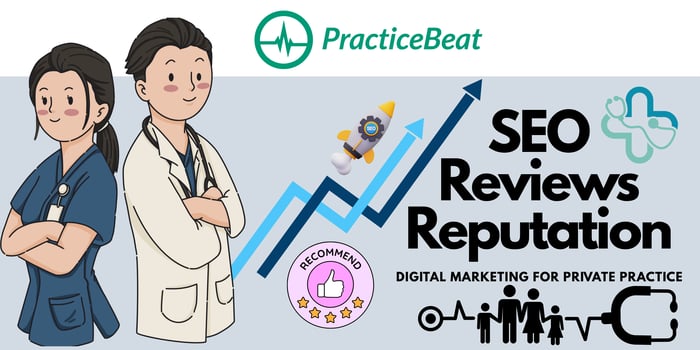 Illustration of doctors, SEO growth chart, reviews, and reputation management — representing the private practice growth formula through digital marketing for private practice.