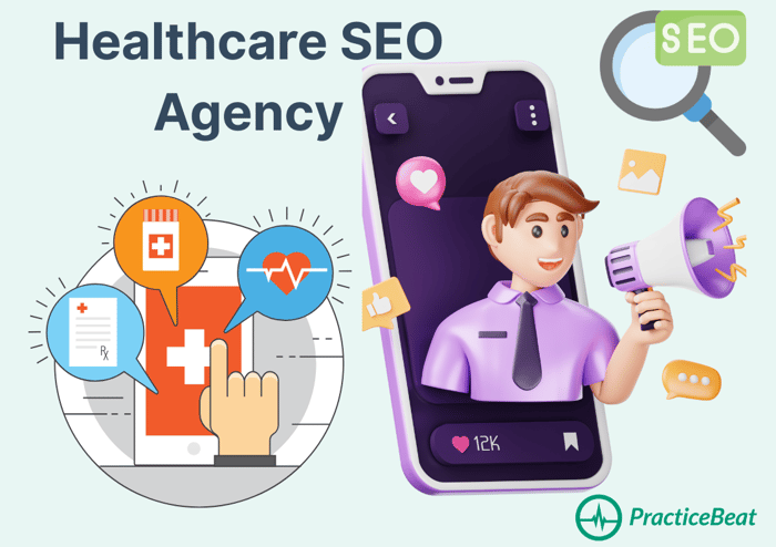 PracticeBeat Healthcare SEO Agency graphic highlighting medical marketing, HIPAA-compliant SEO, and online visibility for medical practices."