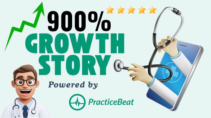Featured image showing '900% Growth Story Powered by PracticeBeat Healthcare SEO Agency' with upward arrow, five-star rating, doctor, and a stethoscope emerging from smartphone."