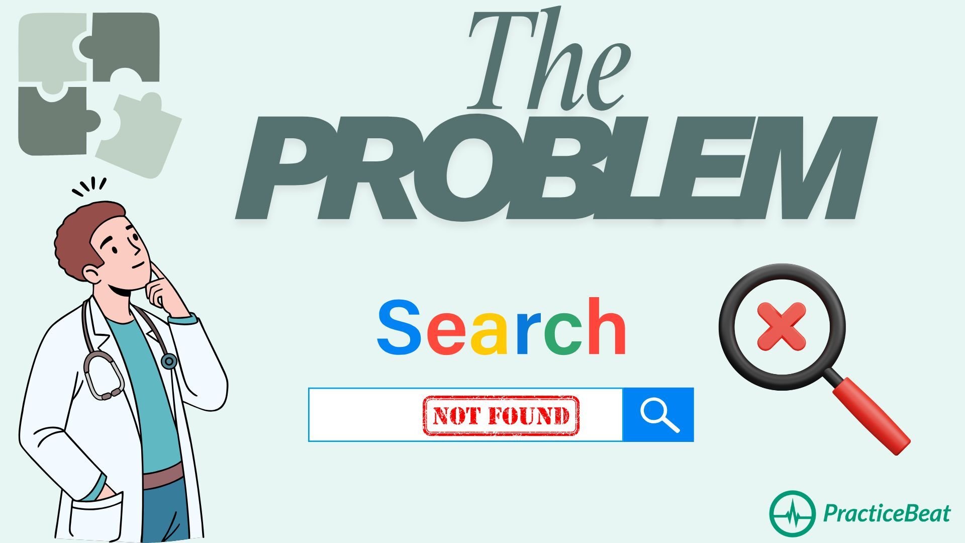 The Problem graphic showing a thoughtful doctor next to a search bar stamped 'NOT FOUND' and a magnifying glass with a red 'X', symbolizing the digital challenge of low search visibility and missing puzzle pieces for a medical practice.