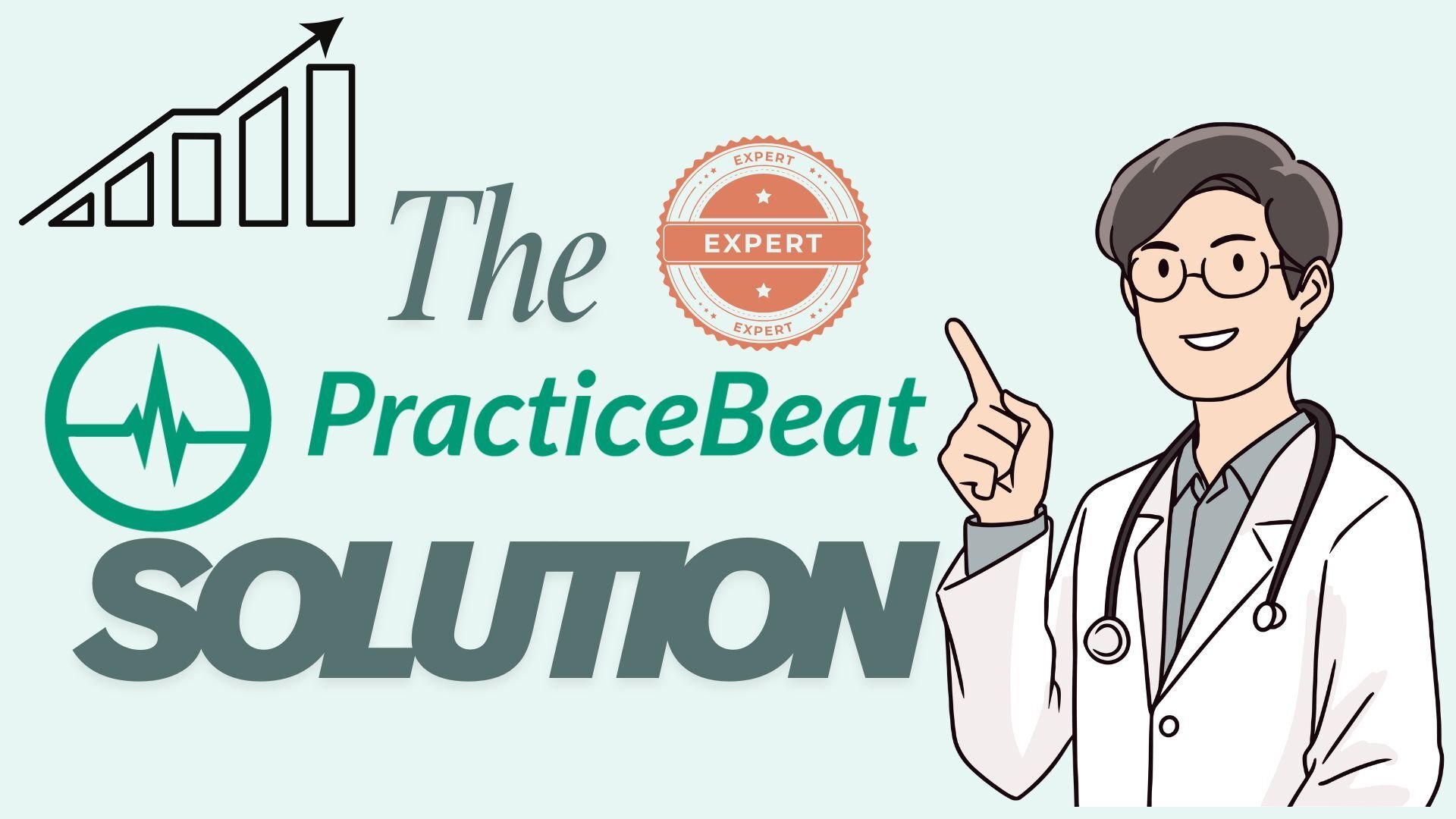 Illustration of a smiling doctor pointing upward beside the PracticeBeat logo, growth chart, and expert badge, representing how PracticeBeat’s Healthcare SEO solution transformed an overlooked orthopedic practice into a patient magnet.