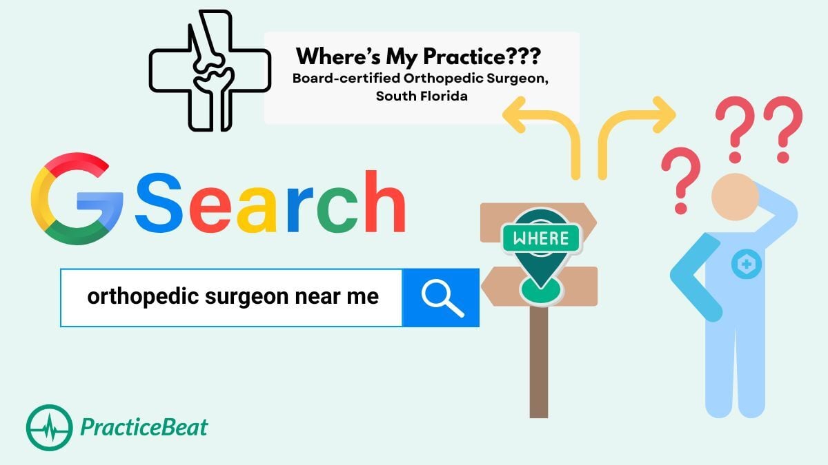 Illustration showing a Google search for “orthopedic surgeon near me” with a confused doctor and directional signs, highlighting the digital blind spot for world-class orthopedic care without an online presence.