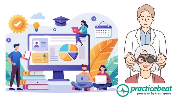 Visual summary of senior-friendly ophthalmology website design: A doctor conducting an eye exam for a senior patient alongside a vibrant illustration of digital health tools and analytics. Represents how PracticeBeat helps ophthalmology practices build accessible, engaging, and HIPAA-compliant websites for older adults.