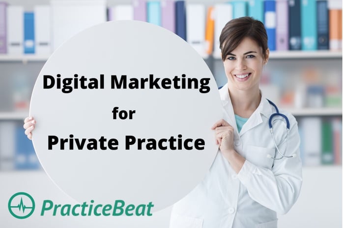 Female doctor holding a sign that says 'Digital Marketing for Private Practice' with PracticeBeat logo, symbolizing healthcare marketing solutions for private practices.