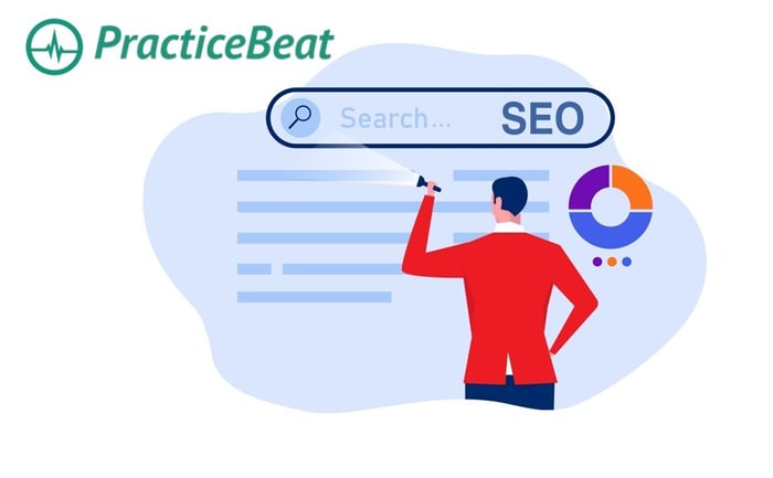 Illustration of a professional examining a large search bar labeled “SEO,” with PracticeBeat branding and visual data elements—depicting how PracticeBeat experts simplifies SEO for healthcare practices through clear, data-driven strategies.
