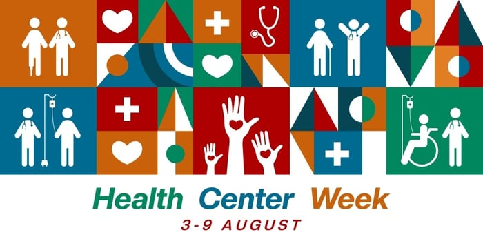 Colorful graphic banner for National Health Center Week, featuring healthcare icons such as doctors, patients, medical equipment, hearts, and accessibility symbols, with the dates August 3–9