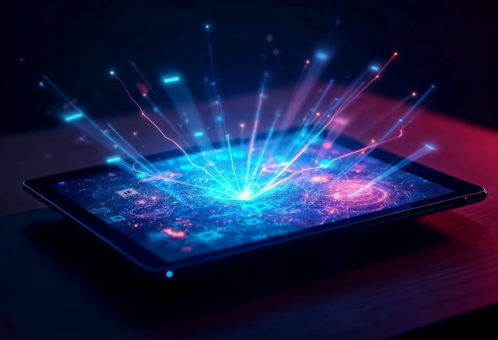 Futuristic tablet with glowing AI-powered data streams, symbolizing Apple’s entry into healthcare technology and digital marketing.