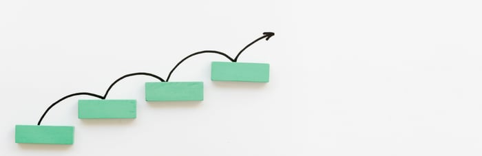"Four green rectangular blocks arranged in ascending order with a black upward arrow bouncing over each block, symbolizing growth and progress, on a white background."