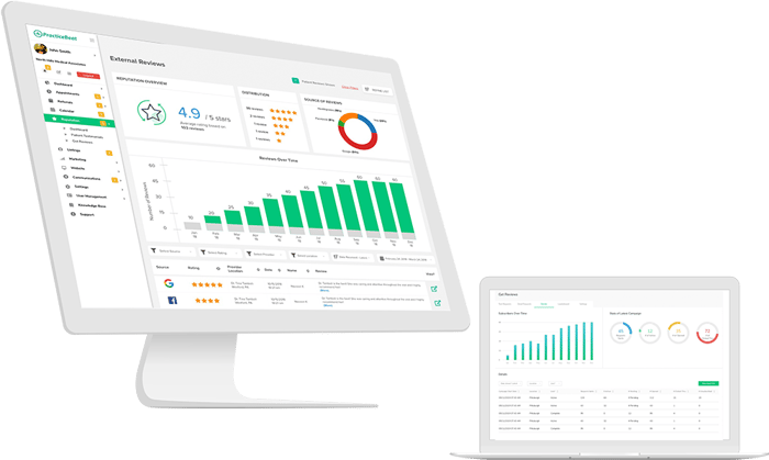Dashboard view of PracticeBeat's automated reputation management system, showcasing review summaries, rating distributions, review sources, and patient sentiment analytics — helping practices track, manage, and improve their online reputation in real time.