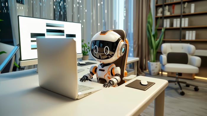 Friendly AI robot working on a computer in a modern office, symbolizing Microsoft and OpenAI collaboration in healthcare AI and digital marketing