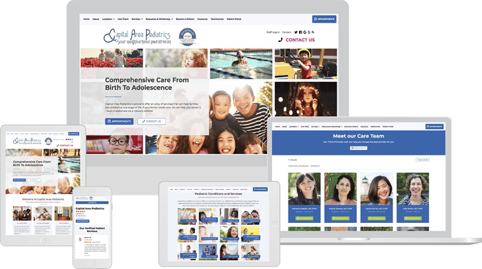 Responsive medical website design by PracticeBeat displayed on desktop, tablet, and mobile devices — showcasing SEO-optimized layouts, provider profiles, and high-performance features for improved local search visibility.