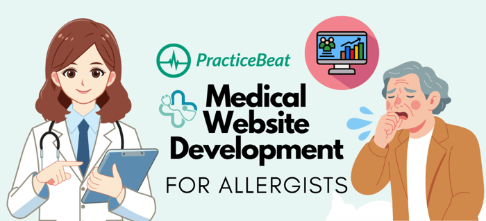 Illustration showing a female doctor with a tablet, the PracticeBeat logo, medical website development icons, and an allergy patient sneezing—representing how PracticeBeat enhances medical website development for allergy practices.