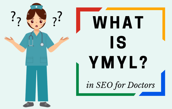 Illustration of a doctor confused about YMYL concept with text ‘What is YMYL in SEO for Doctors,’ representing how Google’s YMYL guidelines impact healthcare content marketing.