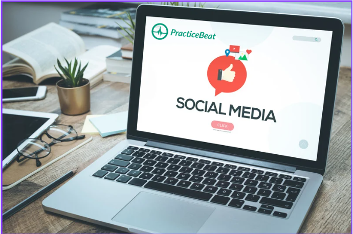 A laptop displaying the PracticeBeat logo and the words “Social Media,” symbolizing PracticeBeat’s role as a trusted social media marketing partner for doctors and medical practices focused on patient growth and digital visibility.