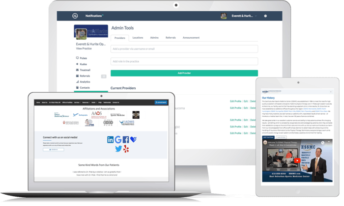 Multiple device screens displaying PracticeBeat’s customizable content tools, including provider profile management, patient testimonials, social media integrations, and practice history — designed to enhance online presence and patient engagement.