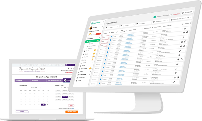 PracticeBeat’s online appointment scheduling and management system displayed on desktop and laptop screens, showcasing HIPAA-compliant calendar tools, real-time booking requests, and centralized patient appointment tracking.