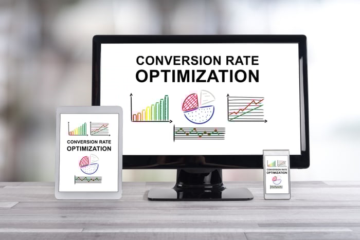 Conversion Rate Optimization (CRO) displayed on desktop, tablet, and smartphone screens with growth charts and graphs, symbolizing how CRO helps private practices improve digital marketing performance across devices.