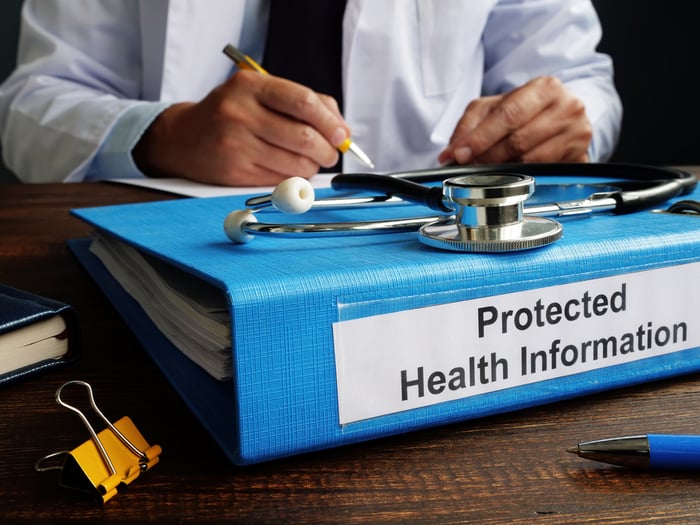 Folder labeled Protected Health Information (PHI) with stethoscope, representing secure handling of patient data in compliance with HIPAA regulations.