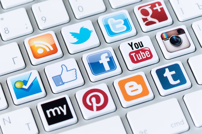 Close-up of a computer keyboard with keys replaced by popular social media icons like Facebook, Twitter, YouTube, Instagram, Pinterest, and more, representing how social media platforms boost SEO efforts.