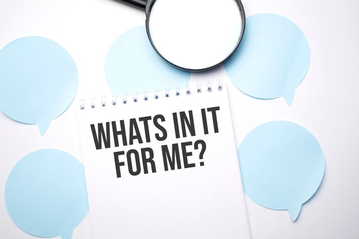 A notebook asking 'WHAT'S IN IT FOR ME?' surrounded by speech bubbles, illustrating the patient-focused mindset required for effective Medical Website Development copy that clearly presents benefits.