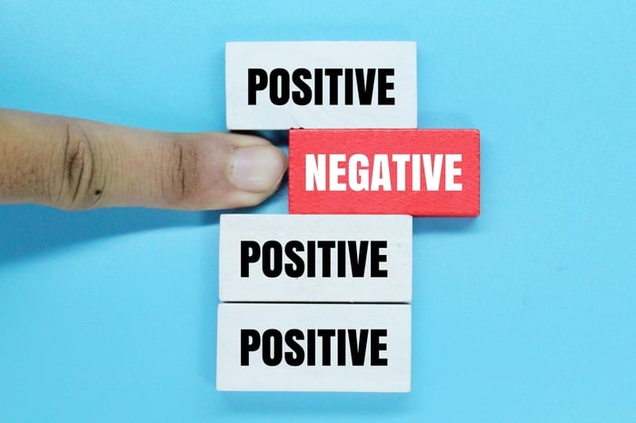 A hand pushing down the red "NEGATIVE" block in a stack of "POSITIVE" blocks, illustrating the 3-Step System to intercept and cut negative reviews in Digital Marketing for Private Practice.