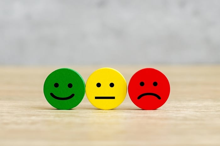 Three smiley faces showing positive, neutral, and negative reviews — highlighting the role of patient feedback in digital marketing for private practice.
