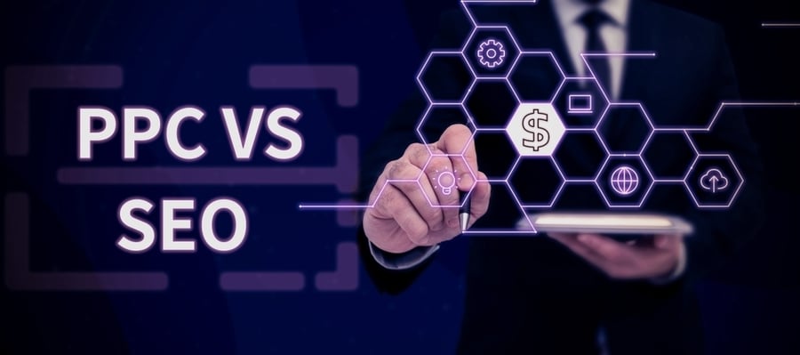 Graphic showing PPC vs SEO for doctors with a man interacting with digital marketing icons, representing paid ads versus organic search strategies.