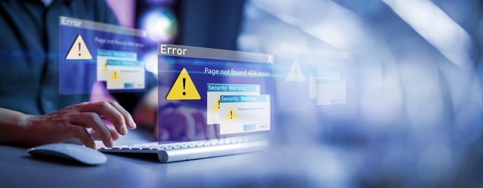 Computer screen displaying multiple error and 404 warning messages, illustrating how template-based medical websites often break and fail dermatology practices.