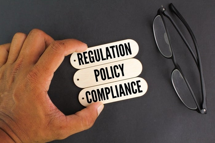 Hand holding a stick with the words "Regulation," "Rules," and "Compliance," representing the critical importance of adhering to HIPAA standards in healthcare marketing.