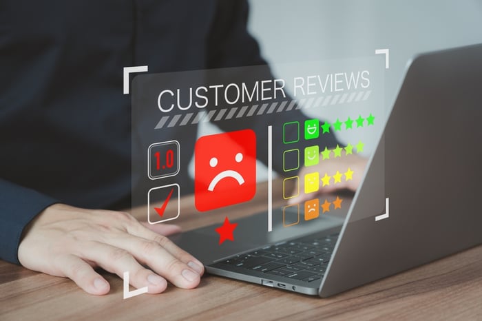 Digital Marketing for Private Practice: Close-up of a 1.0 rating and sad face review interface, illustrating the high cost and severe risk of a hidden complaint.