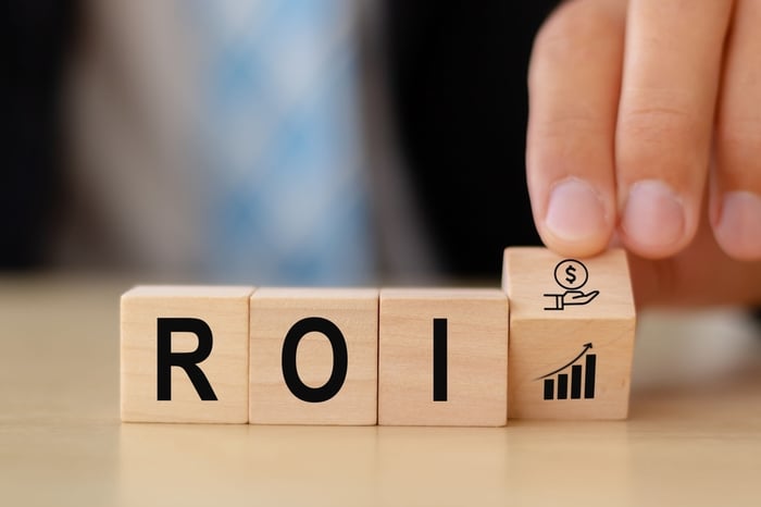 Wooden blocks spelling ROI with icons of money and growth chart, symbolizing the ROI of Medical SEO and how it turns clicks into real patient revenue.