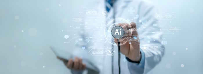 Doctor holding a stethoscope toward a digital AI interface, symbolizing the integration of artificial intelligence in healthcare search and diagnostics. Ideal for illustrating the concept of AI-driven search in the healthcare industry.