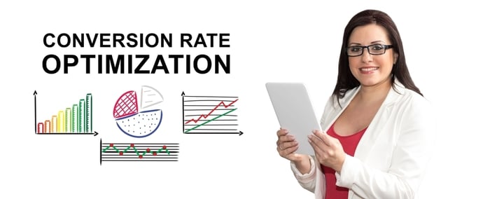 Healthcare professional holding a tablet next to charts and graphs with the text “Conversion Rate Optimization,” highlighting the importance of CRO in digital marketing for medical private practices.