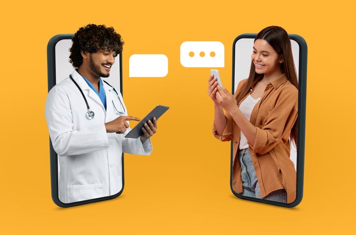 A 2026 telehealth and telemedicine visual featuring a doctor and patient communicating via mobile devices, illustrating the frictionless digital front door and hybrid care model that drives patient acquisition.