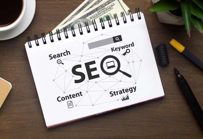 Notebook with SEO strategy elements like search, content, keyword, and strategy — symbolizing digital marketing essentials private practices must get right.