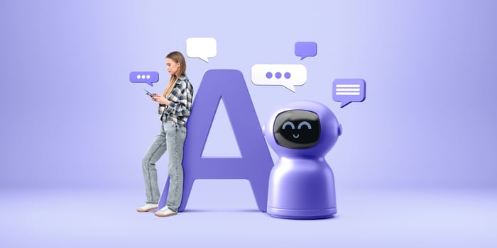 Young woman looking at smartphone with AI assistant concept, illustrating the shift from traditional keyword search to conversational, AI‑driven medical search and voice query behavior.