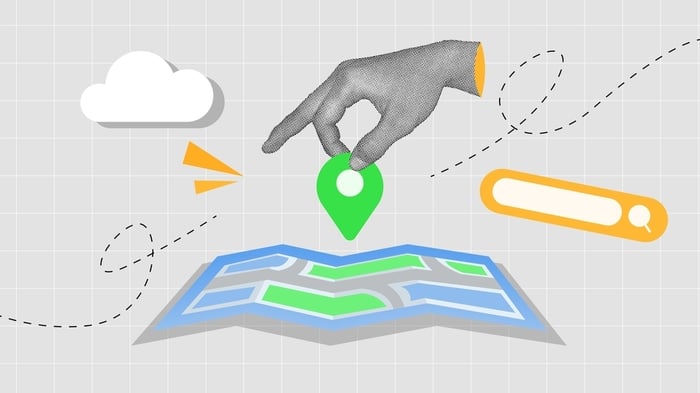 Illustration of a hand placing a location pin on a digital map, symbolizing the future of local SEO and AI-driven search visibility for healthcare providers.