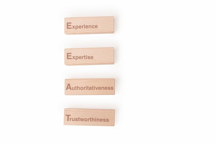 Wooden blocks spelling Experience, Expertise, Authoritativeness, and Trustworthiness — the four pillars of Google’s E-E-A-T framework that drive SEO success and credibility for doctors and healthcare websites.