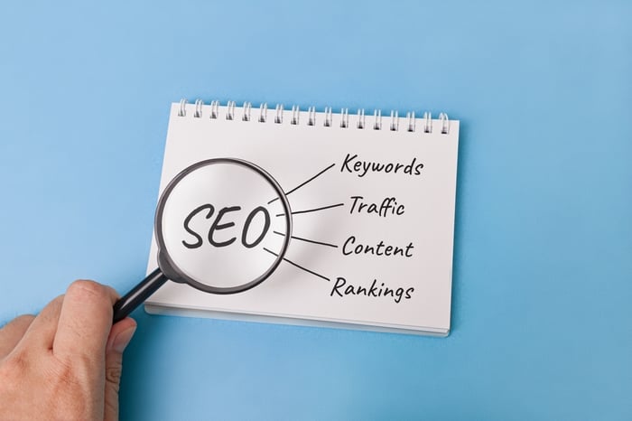Magnifying glass highlighting the word SEO on a notepad, with arrows pointing to core components like keywords, traffic, content, and rankings — representing the core components of a Medical SEO strategy.