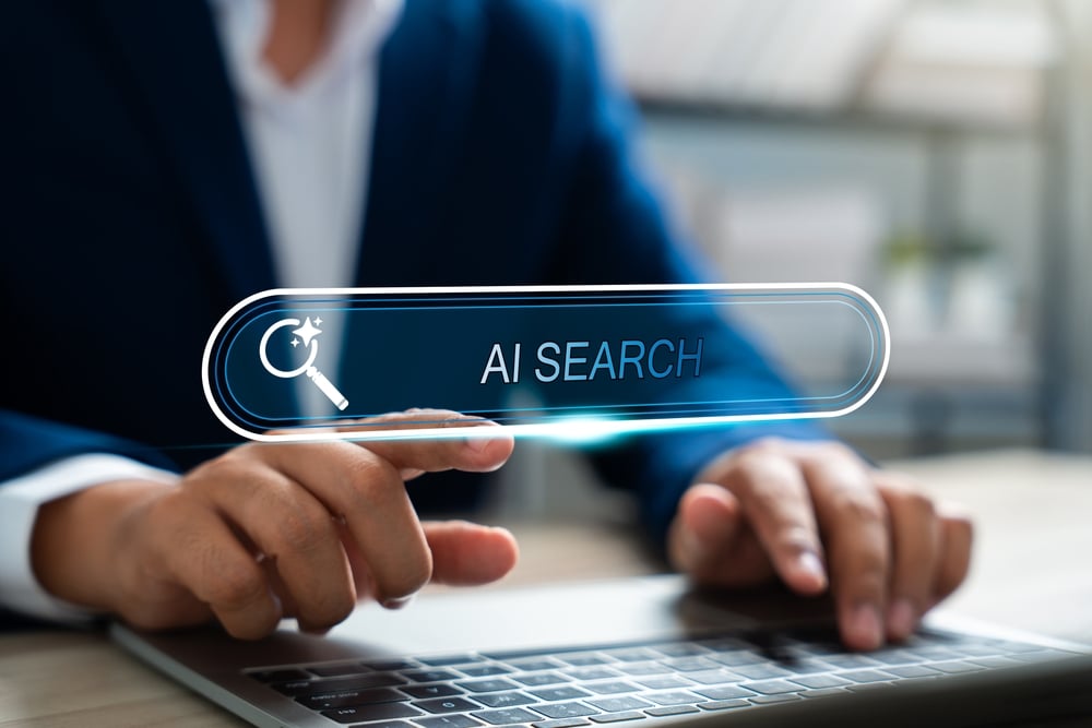 Man engaging with AI search technology and SEO analytics on a digital interface, illustrating artificial intelligence optimization for improved visibility and data parsing in AI‑driven medical SEO.