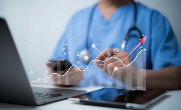 Doctor analyzing digital growth charts on laptop and tablet representing automation in digital marketing for doctors improving engagement and ROI.