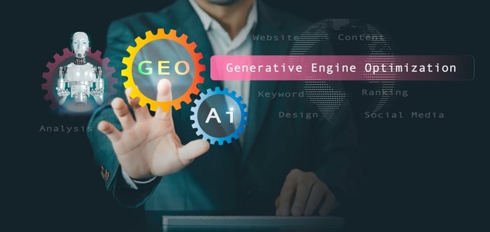 A digital concept of Generative Engine Optimization (GEO) showing interlocking gears labeled 'AI' and 'GEO,' illustrating how SEO for doctors is evolving to feed information into AI search engines.