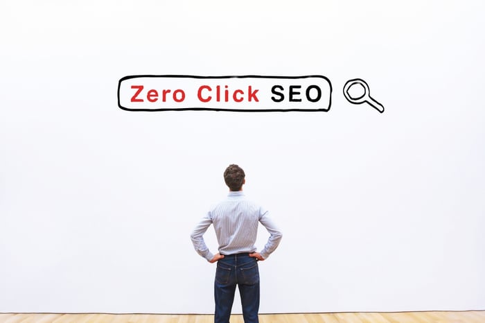 A man standing in front of a large white wall looking at the phrase “Zero Click SEO” illustrated like a search bar, representing the concept of zero-click search in modern SEO for doctors.
