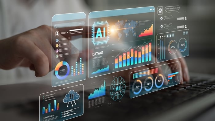 Digital dashboard displaying AI-powered analytics, data visualization, and performance metrics, representing how AI-driven search is transforming healthcare SEO strategies for doctors.