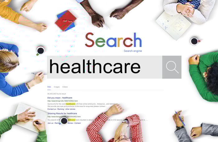 Search engine interface displaying the word "healthcare," symbolizing SEO for healthcare practices and digital marketing for doctors.