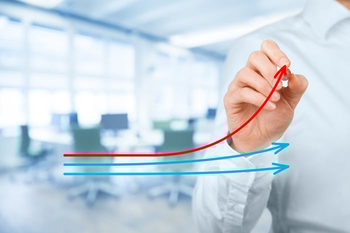 Hand drawing an upward red growth arrow surpassing flat blue lines, symbolizing private practice growth and success through effective digital marketing strategies.