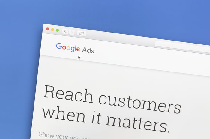 A browser window displaying the Google Ads platform with the headline “Reach customers when it matters” — illustrating the contrast between instant ad reach and the enduring value of SEO for long-term growth.
